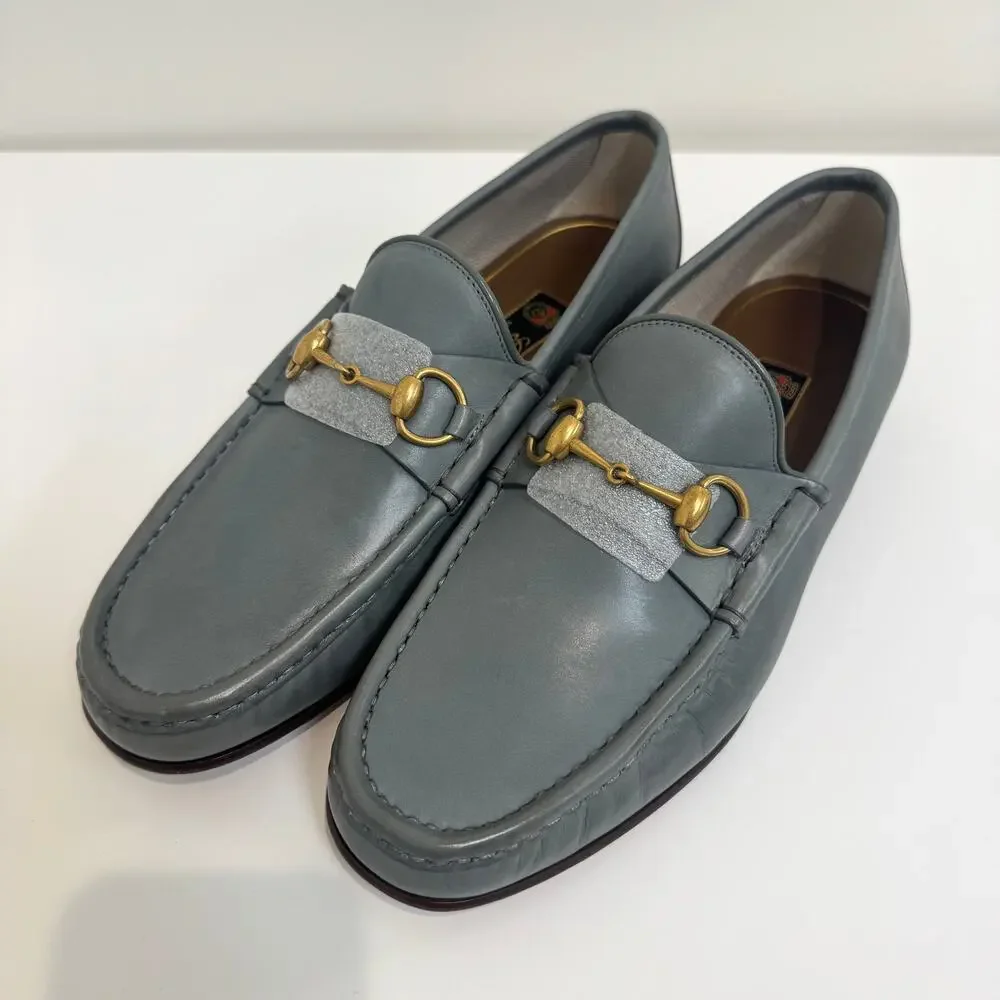 GUCCI Betis Glamour Leather Gold Horsebit Swamp Grey Loafer 10 NEW Shoes 1953